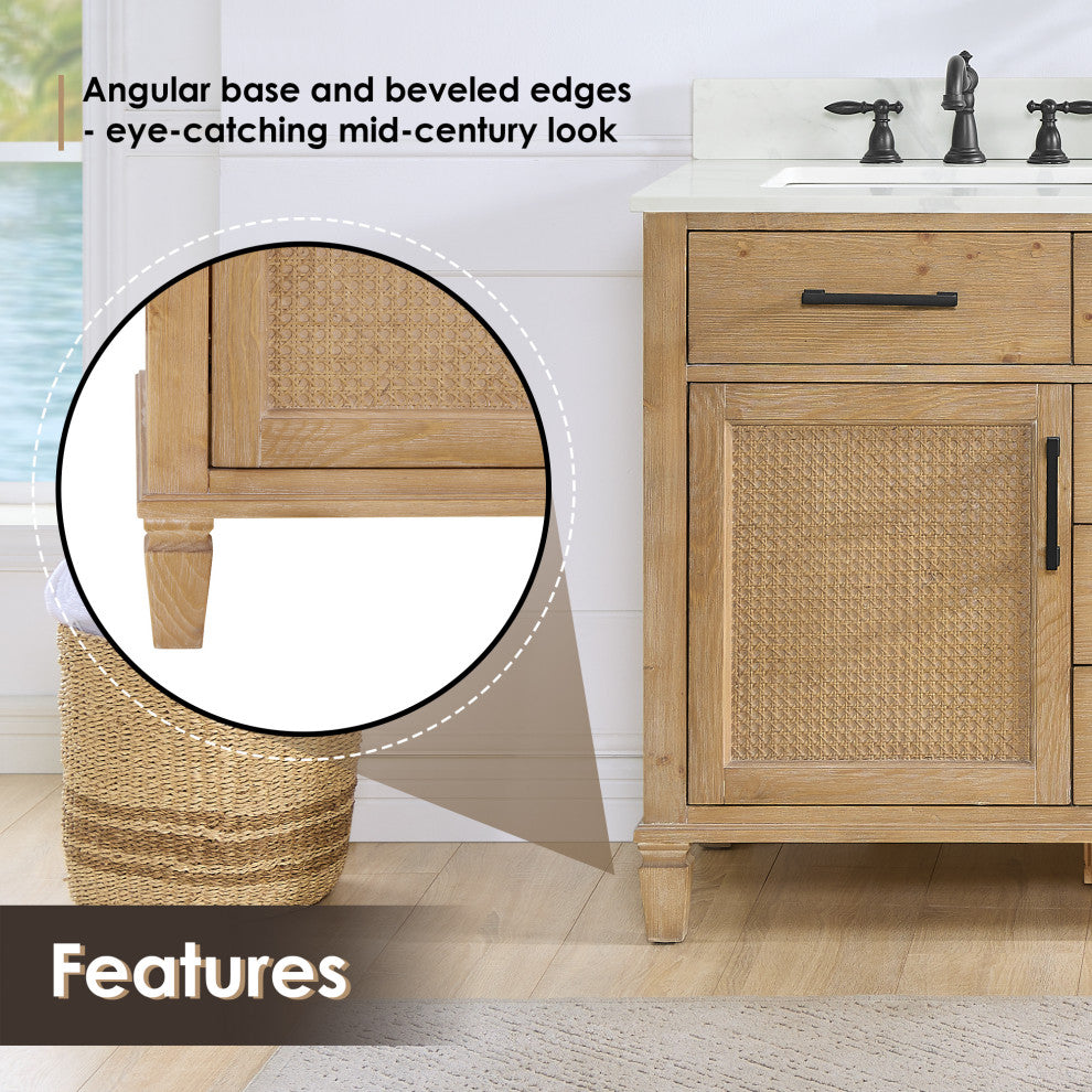 Solana Bathroom Vanity with Calacatta White Quartz Stone Countertop, Weathered Fir, 60", Without Mirror
