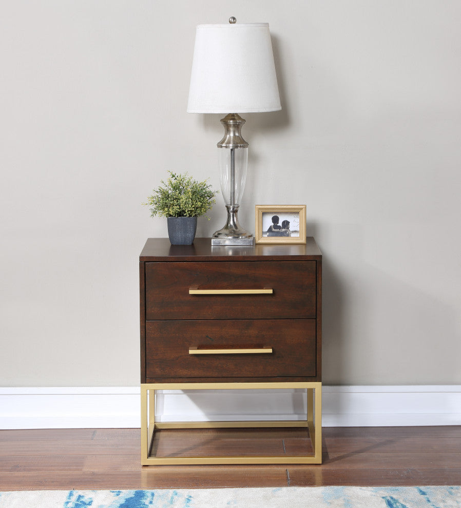 Maxine Wood Nightstand With Durable Brushed Gold Metal Base, Dark Cherry Finish