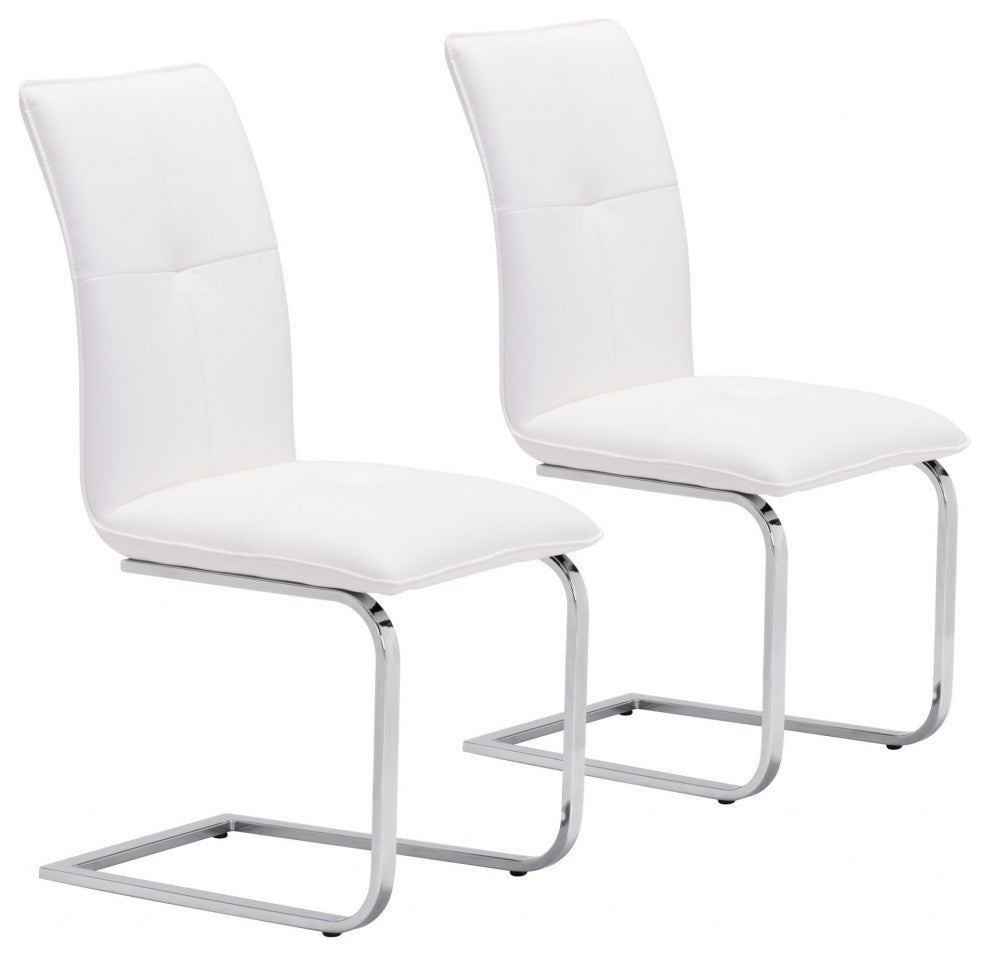 Set of Two White Faux Leather and Chrome Contempo Comfy Dining Chairs