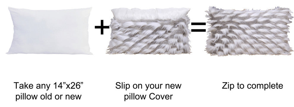 Feathery Faux Fur Pillow Cover 2 Piece Set, Grey, 14" X 26"