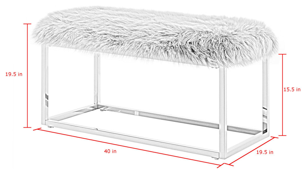Astraea Faux Fur Metal Frame Ottoman Bench, White/Gold