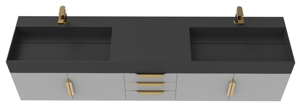 CastelloUSA Amazon 84" Wall Mounted Vanity Set, Gray, Black Top, Gold Handles