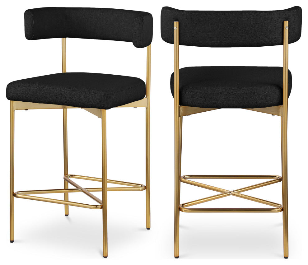 Rivage Durable Linen Textured Fabric Stool (Set of 2), Black, Brushed Gold