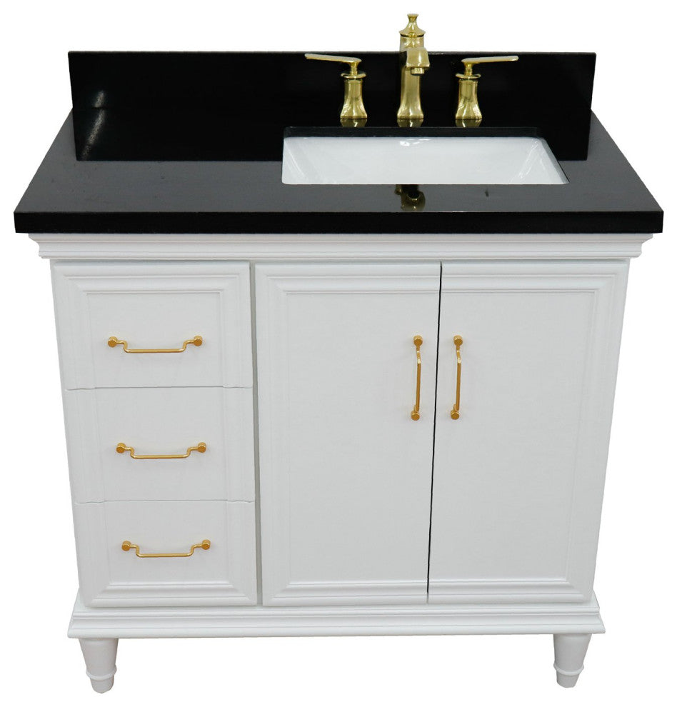 37" Single Vanity, White Finish With Black Galaxy