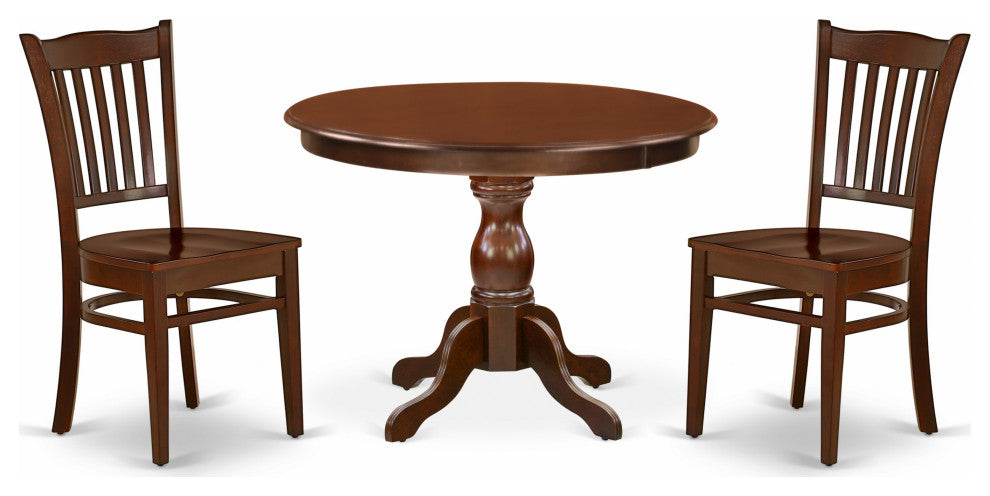 3 Pc Dining Set, Mahogany Wood Table, 2 Mahogany and Chairs, Slatted Back