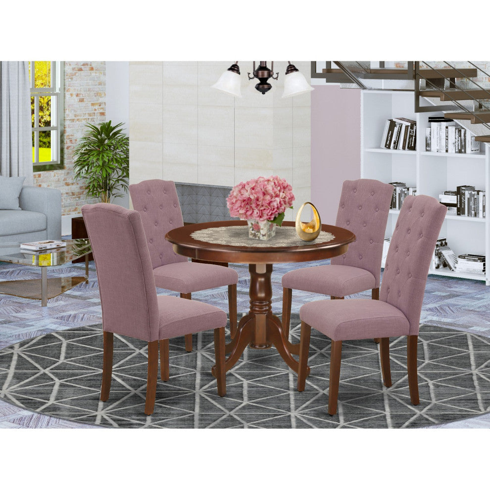 5Pc Dining Set, Round Table, Four Parson Chairs, Dahlia Fabric, Mahogany Finish