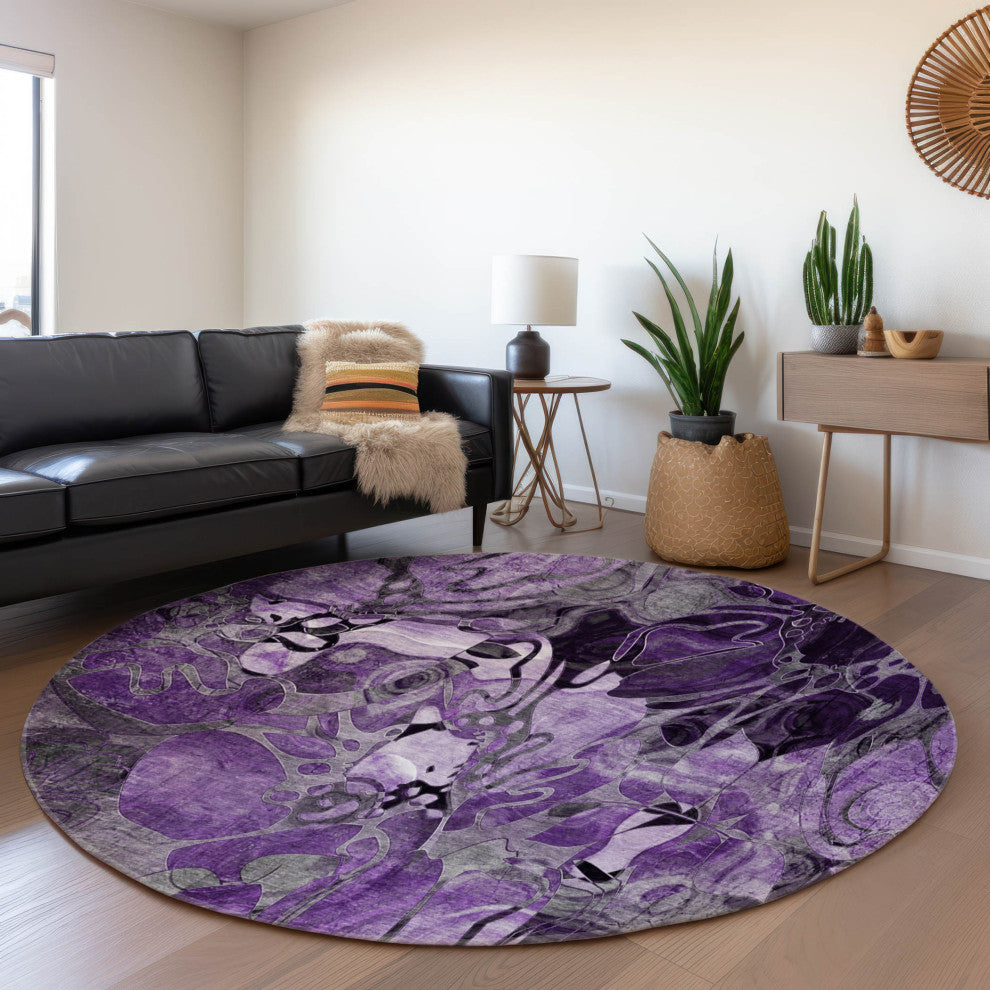 Premium Machine Washable Mayfield AMF558 Purple 8' x 8' Round Rug