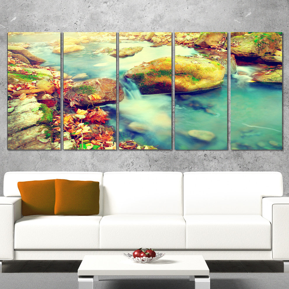 Mountain River with Stones, Large Seashore Canvas Wall Art, 60"x28", 5 Panels