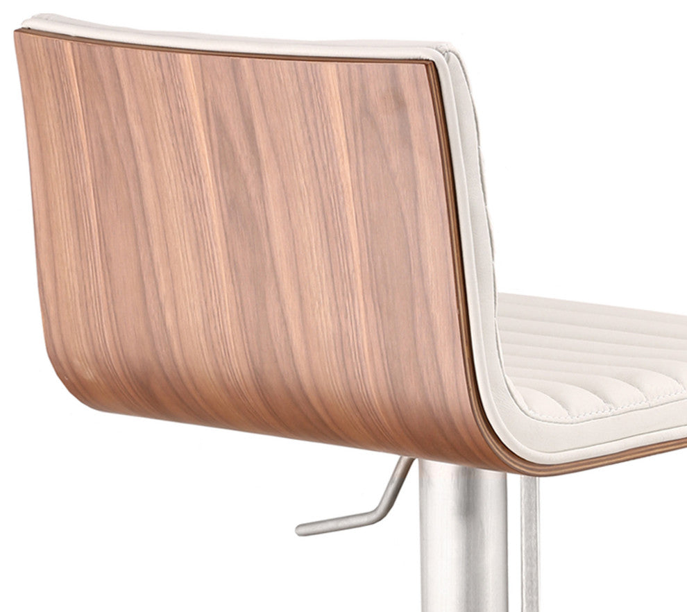 White Faux Leather Armless Swivel Bar Stool With Brushed Stainless Steel Base