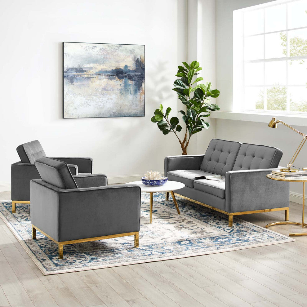 Armchair and Loveseat Sofa Set, Velvet, Gold Gray, Modern, Lounge