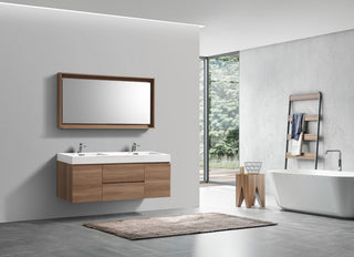 Bliss 60'' Wall Mount Double Sink Modern Bathroom Vanity, Honey Oak