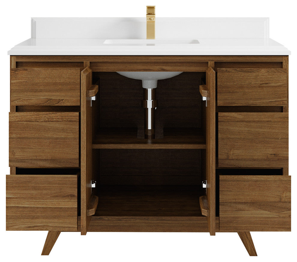 Madison Teak 48 Single Sink Bath Vanity in Dark Natural 1.5" White Quartz