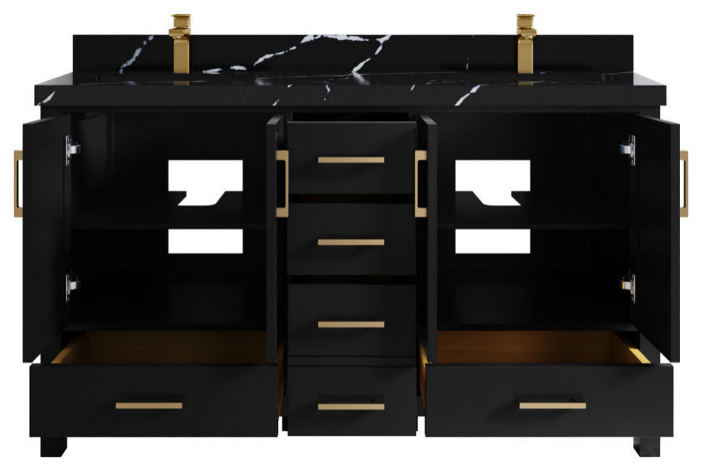 Malibu 60 Double Sink Bathroom Vanity in Black 2" Calacatta Black