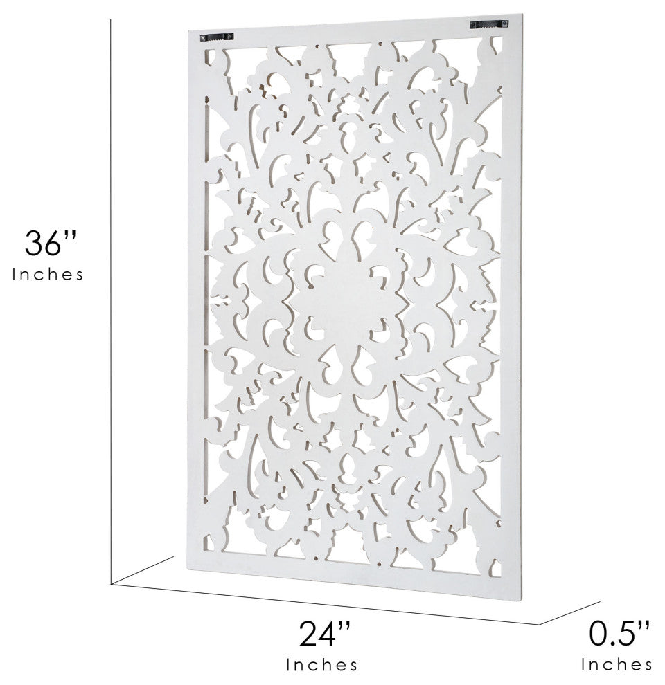 Hand-Carved Distressed White Floral Wood Wall Medallion  - 24" x 36"