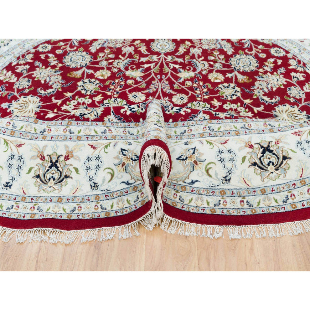Burgundy Red Soft Wool Hand Knotted Nain Design 250 KPSI Round Rug 9'8"x9'8"