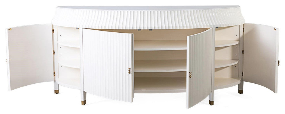 Fluted Dining Room Buffet Table, White Ivory Casegood, Luxury Credenza Cabinet