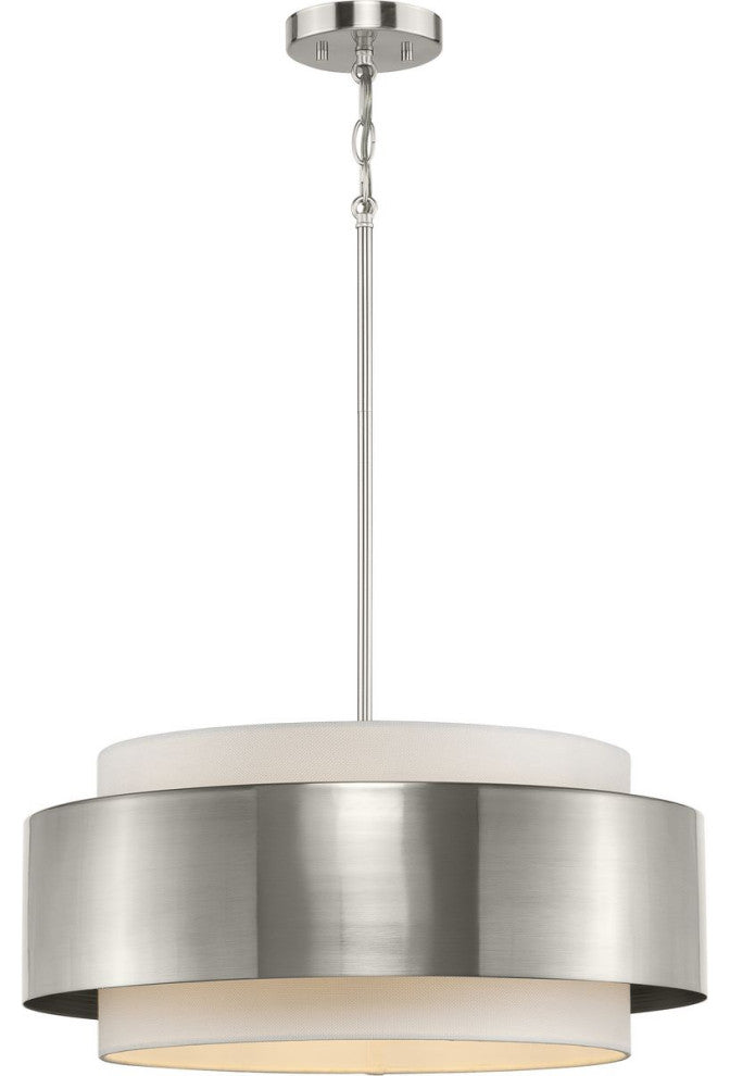 Silva Collection Three-Light Brushed Nickel White Linen Shade Pendant