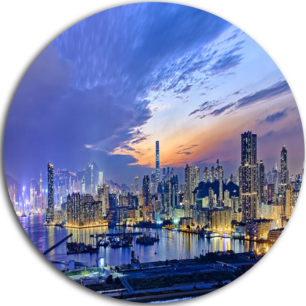 Hong Kong City Sunset Panorama, Cityscape Disc Metal Artwork, 11"