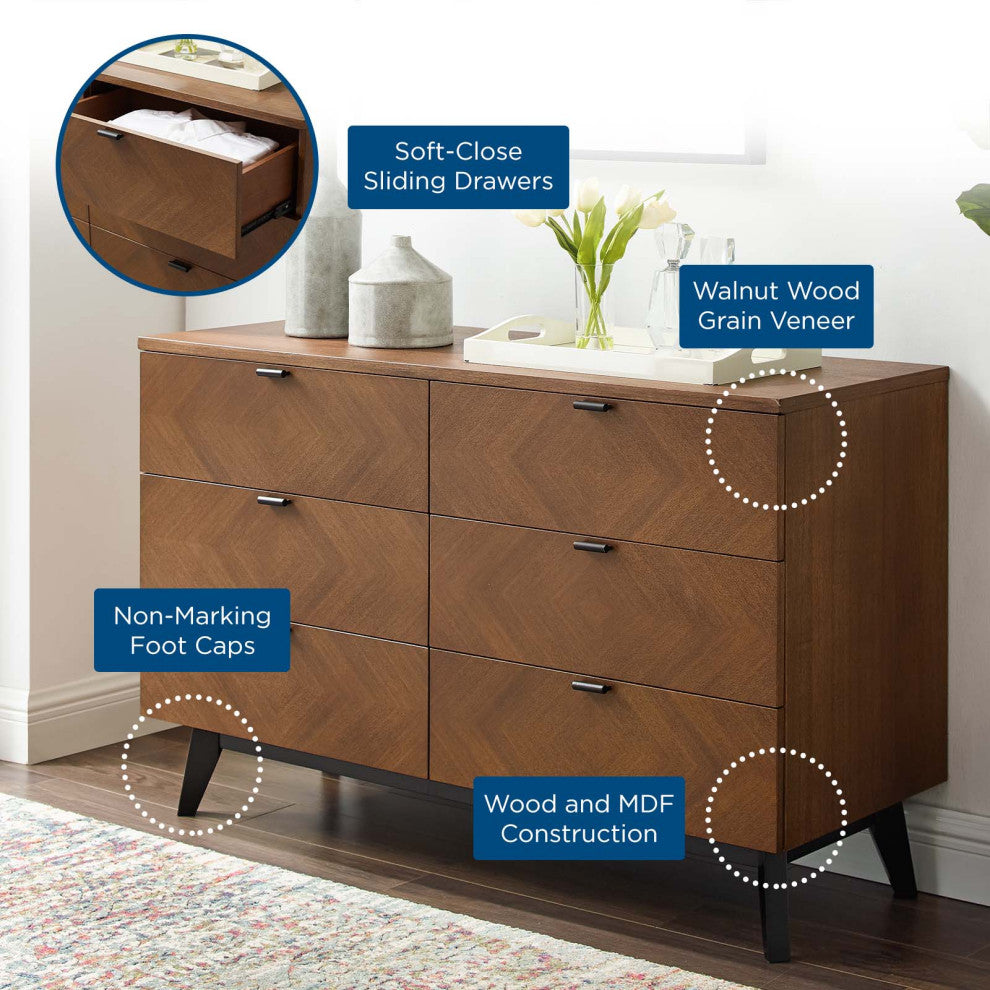 Dresser Drawer Chest Stand, Wood, Brown Walnut, Modern Mid-Century Living Room