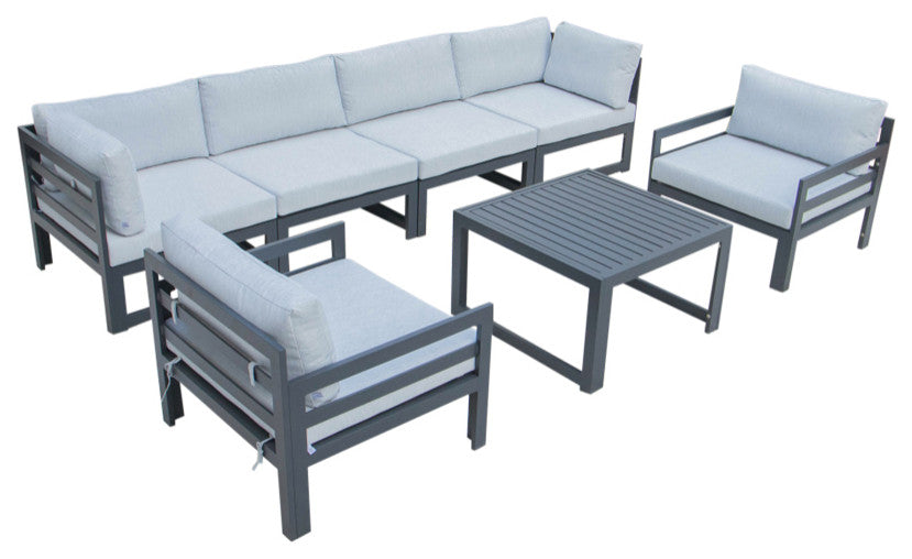 LeisureMod Chelsea 7-Piece Patio Sectional With Coffee Table, Light Gray