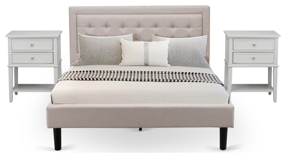 3Pc Fannin Bedroom Set, 1 Queen Bed, 2 Night Stands, Mist Beige