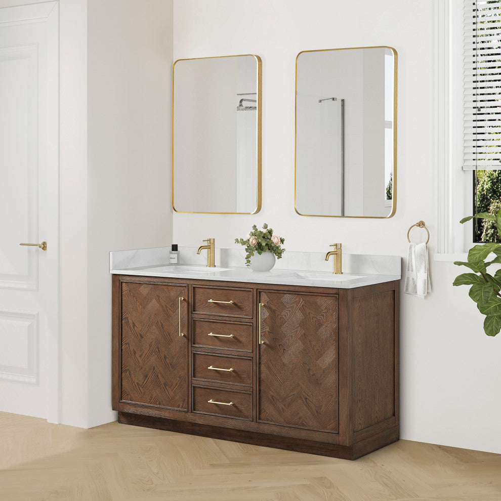 Jakarta Bath Vanity, Quartz Top No Mirror, Dark Brown Oak, 60", Double Vanity