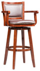 Benzara BM274302 Wood Swivel Barstool, Open Rolled Arms & Bonded Leather, Brown