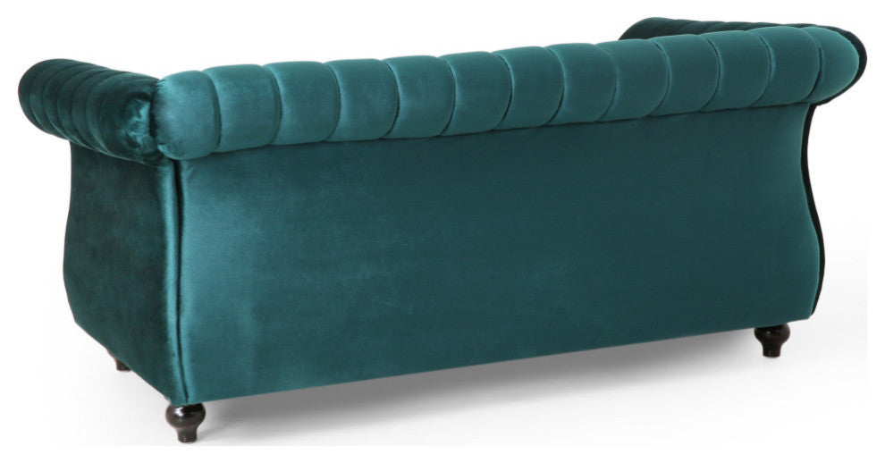 Bauman Modern Glam Channel Stitch Loveseat with Nailhead Trim, Teal + Dark Brown, Velvet