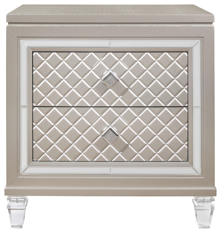 Champagne Toned Nightstand With Tapered Acrylic Legs And 2 Drawers