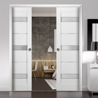 Double Pocket Doors 48x84|Frames|Quadro 4055 White Silk|Frosted Opaque Glass