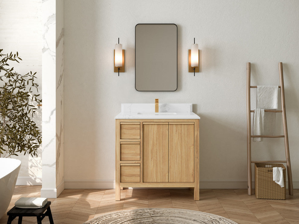 Elizabeth 36 Center Sink Bath Vanity in Light Natural Teak 1.5" Empira Quartz