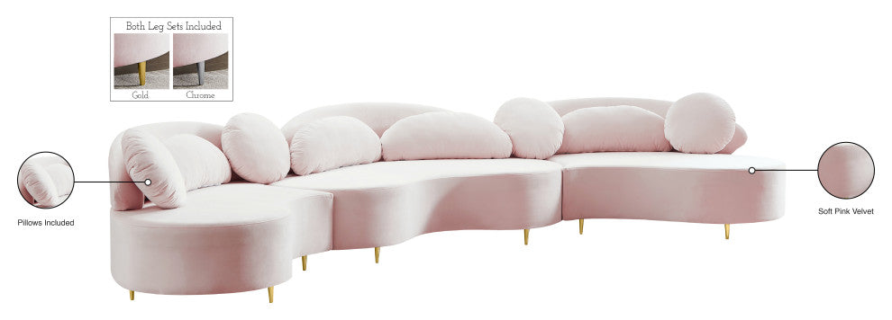 Vivacious Velvet Upholstered 3-Piece Sectional, Pink