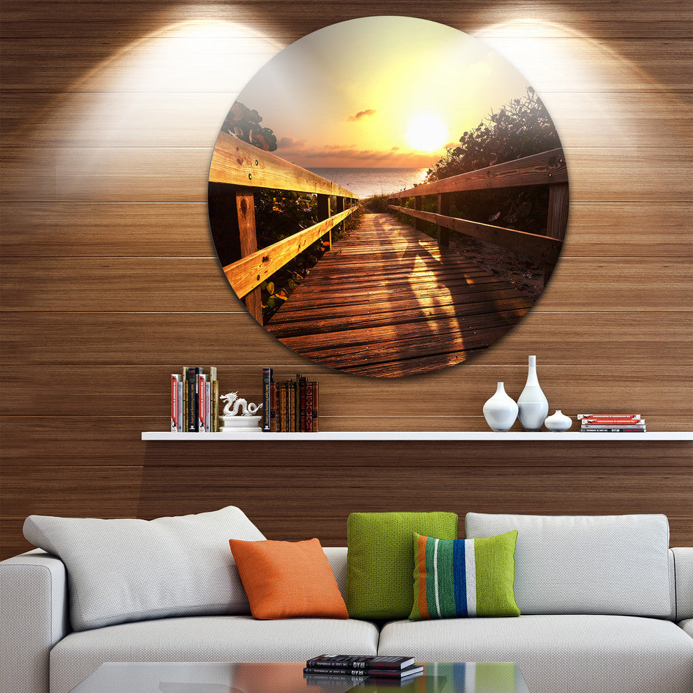 Wooden Boardwalk On Beach, Sea Bridge Disc Metal Artwork, 36"