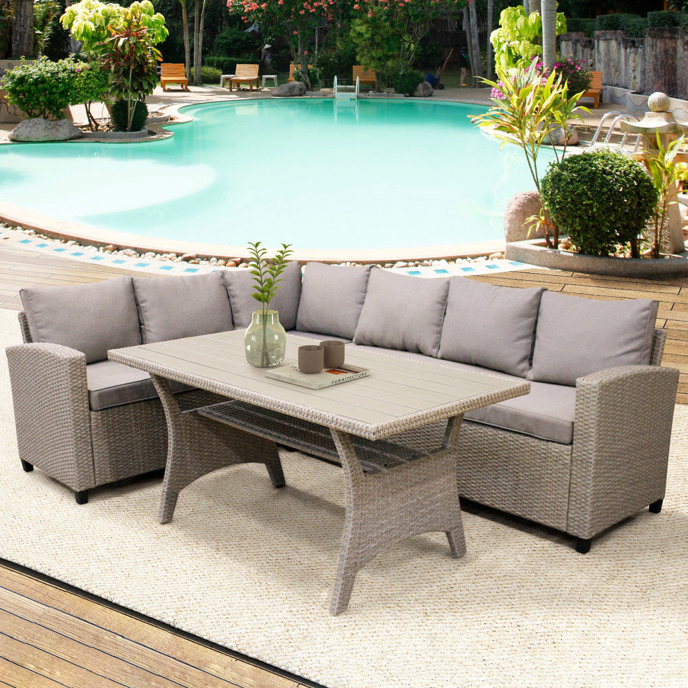 3 Pieces Outdoor Rattan Patio Sectional Sofa Set With Cushions and Table
