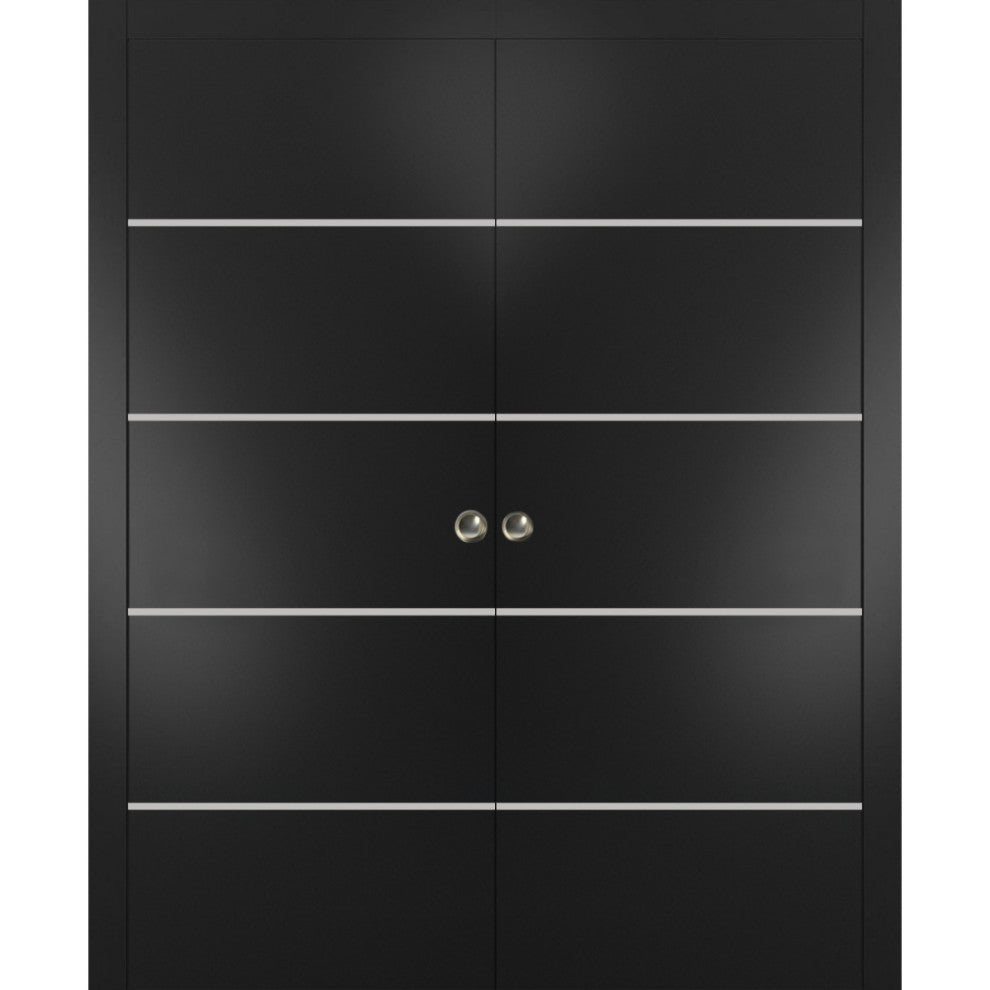 French Double Pocket Doors 72x80 | Planum 0210 Matte Black | Kit Trims Rail