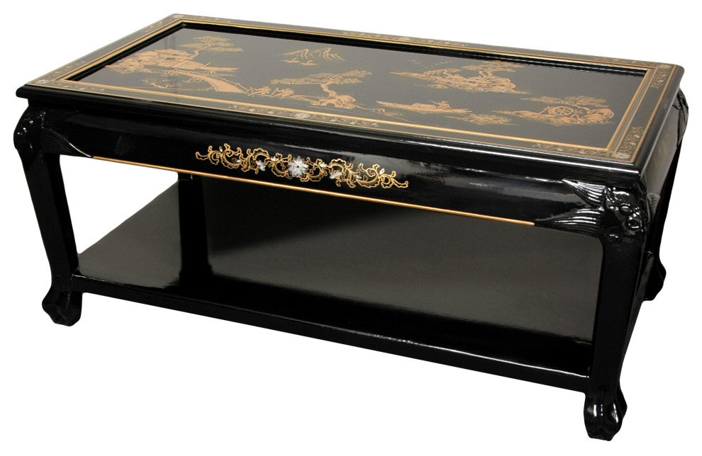 Lacquer Coffee Table With Shelf, Black Landscape