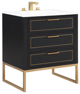 Markham Bathroom Vanity, Midnight Black/Satin Brass, 30", Calacatta Quartz Top