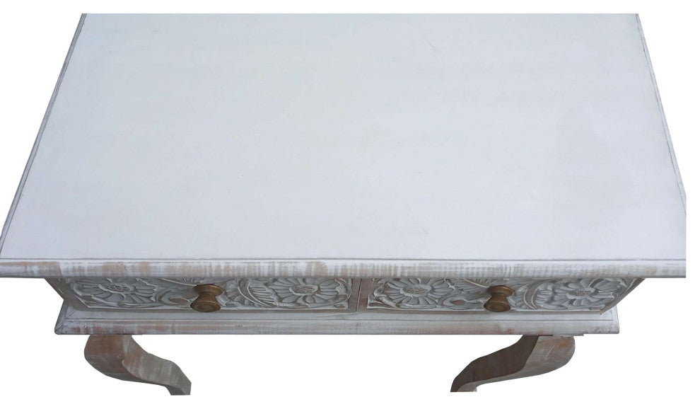 2 Drawer Mango Wood Console Table With Floral Carved Front, Brown and White