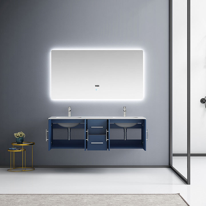 Geneva 60" Vanity, White Carrara Marble Top with 60" LED Mirror, Navy Blue