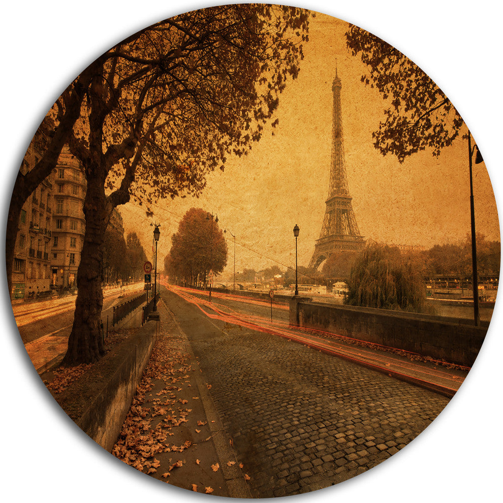 Vintage Style View Of Paris, Landscape Photo Round Metal Wall Art, 11"