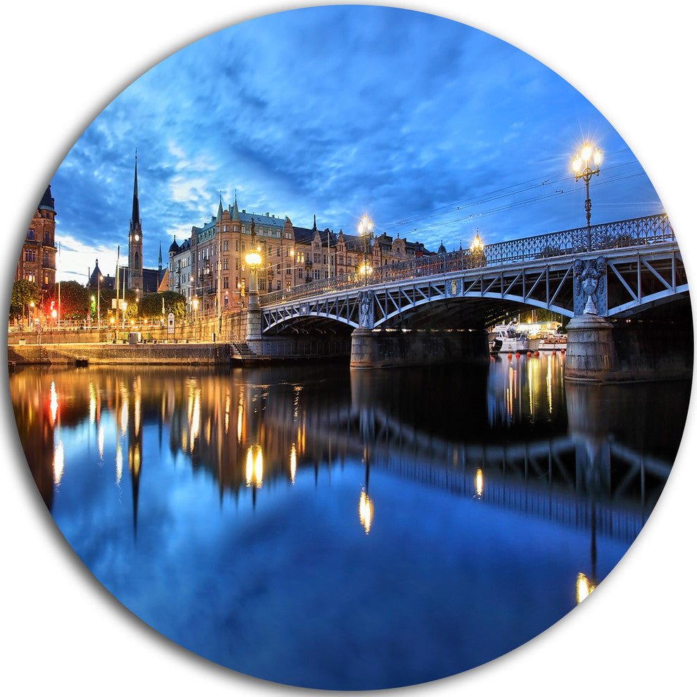 Illuminated Blue Stockholm, Cityscape Disc Metal Artwork, 11"