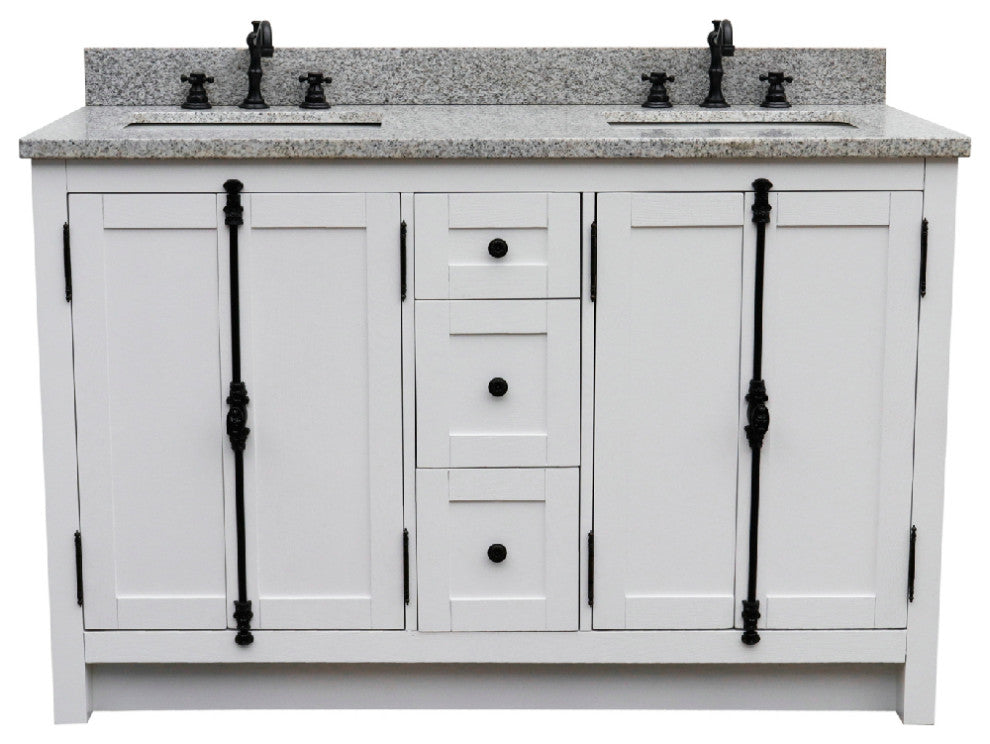 55" Double Vanity, Glacier Ash With Gray Granite Top, Mirrors & Rectangle Sinks