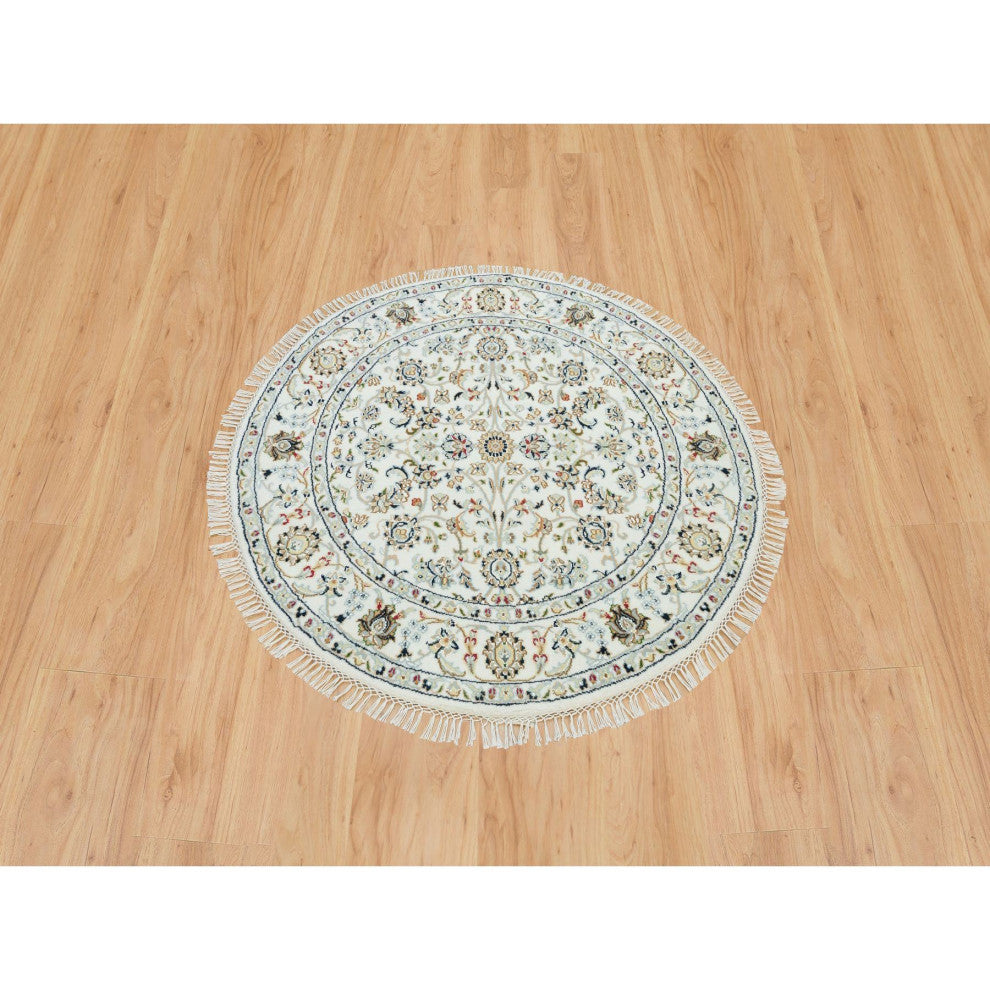 Powder White Nain Design 250 KPSI 100% Wool Hand Knotted Round Rug 3'9"x3'9"