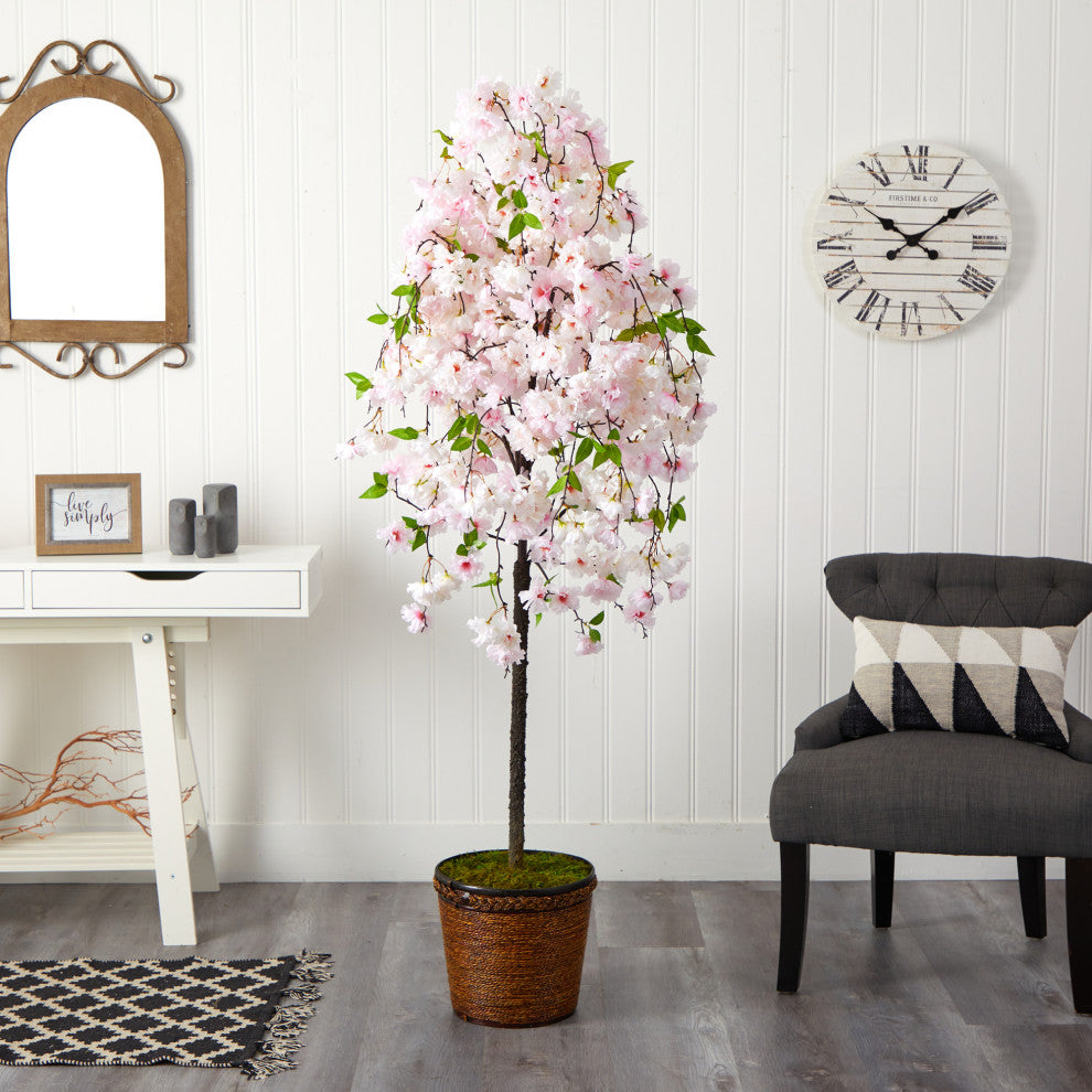 70" Cherry Blossom Artificial Tree, Wicker Planter