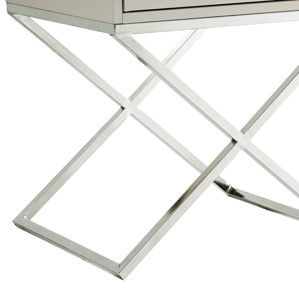 Katie Square Lacquer-Finish X-Metal Leg Nightstand, Light Grey Chrome