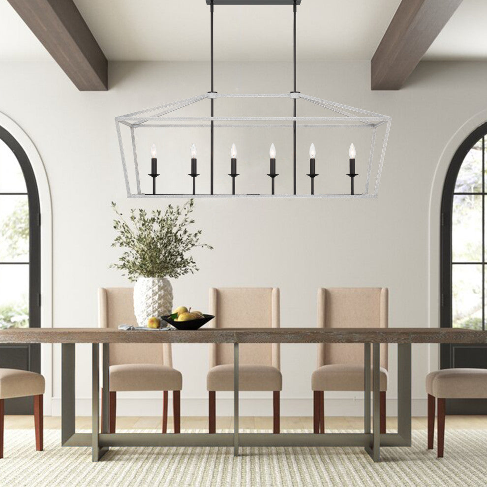 6 Light Kitchen Island Linear Pendant Chandelier, Crackle White+classic Black
