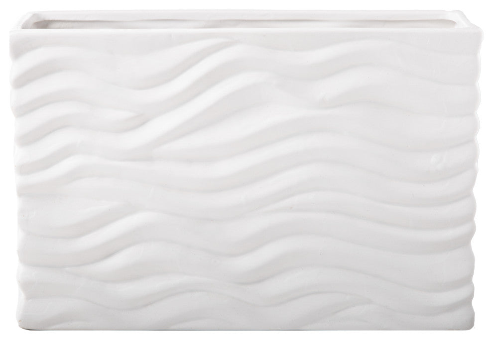 Ceramic Vase with Embossed Wave Pattern Design Matte White Finish, Large