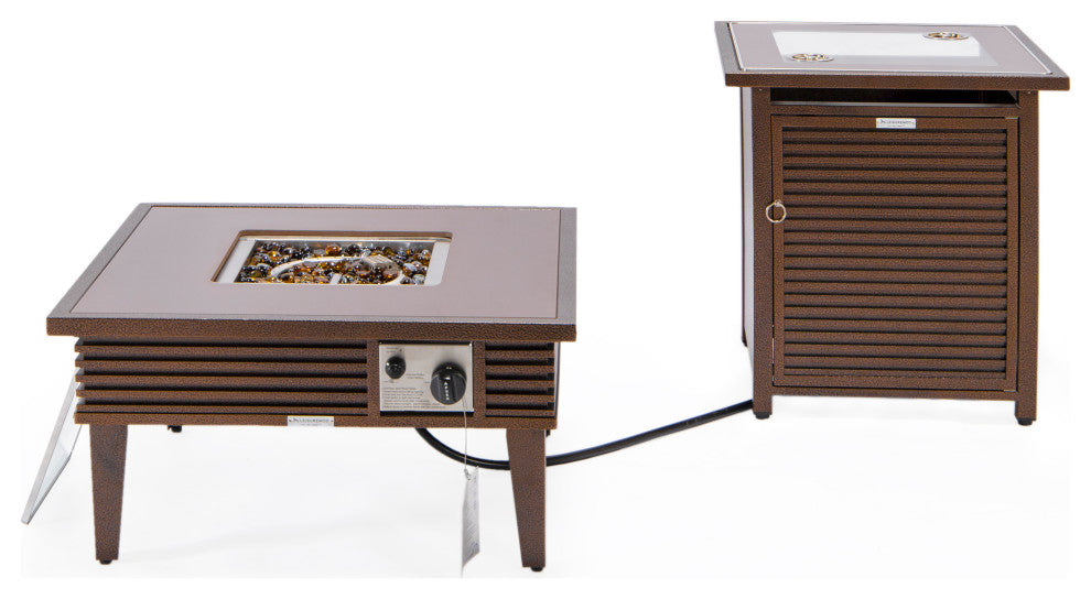 LeisureMod Walbrooke Square Fire Pit Table and Tank Holder With Slats, Brown