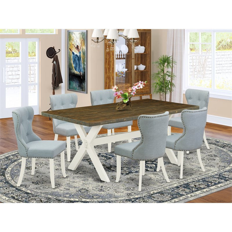 X077Si215-7, 7-Piece Dining Set, 6 Chairs, Table Top and Wooden Cross Legs
