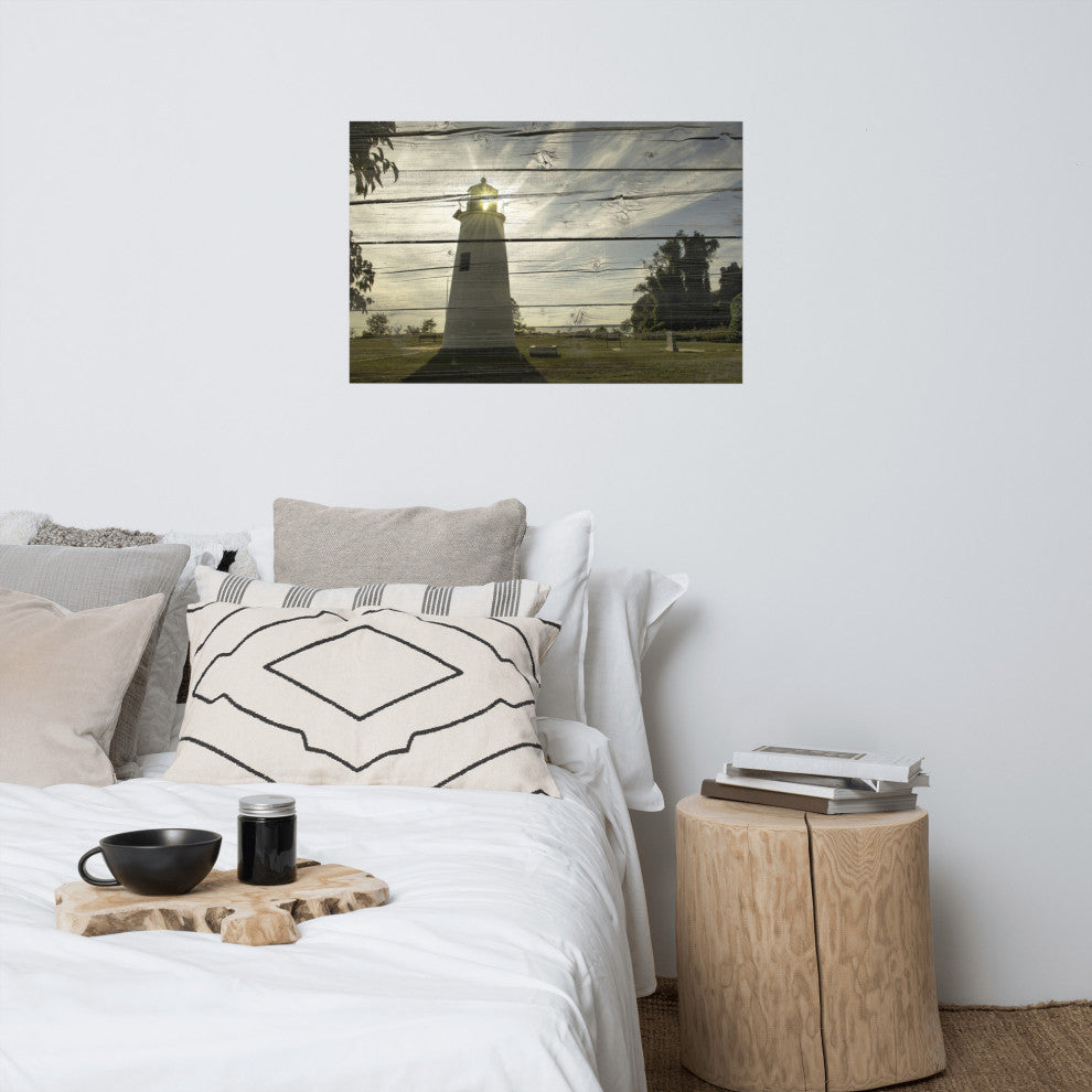 Faux Rustic Reclaimed Wood Turkey Point Lighthouse Unframed Wall Art Prints, 24" X 36"